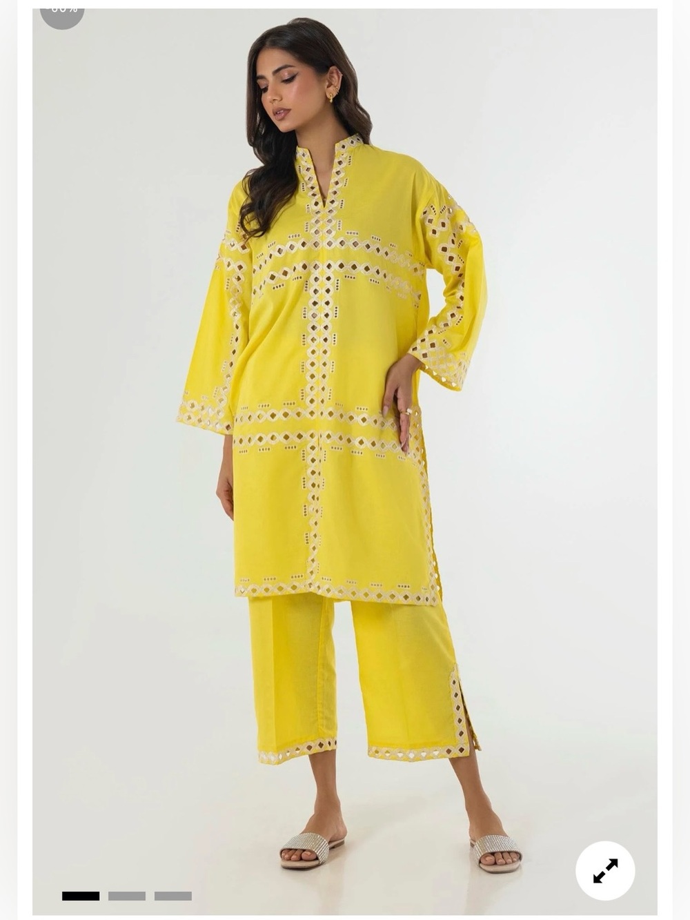Sana Safinaz yellow shalwar kameez with geometric embroidery and cutouts